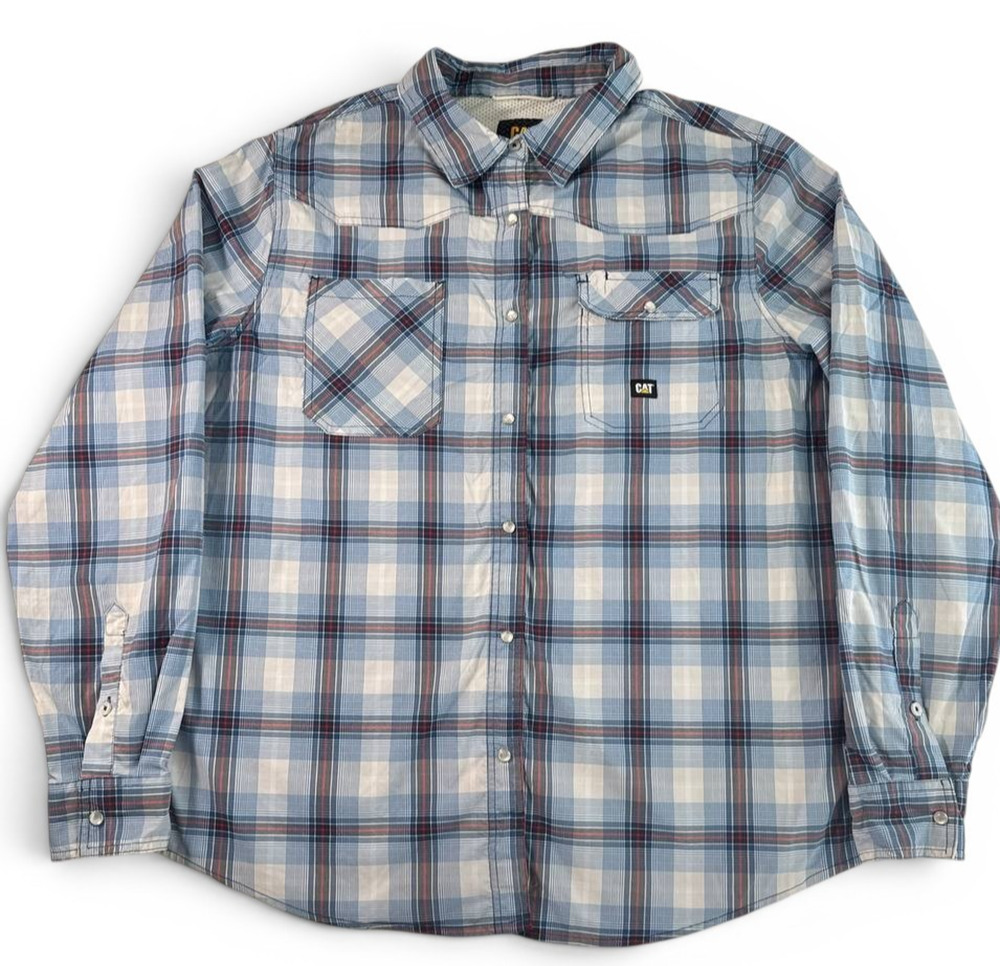CAT Caterpillar Work Shirt Mens XL Plaid Long Sleeve Snap Front Western